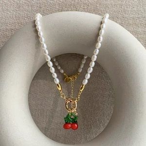 Freshwater Pearl Cherry Necklace, Rice Pearl Cherry Pendant Necklace